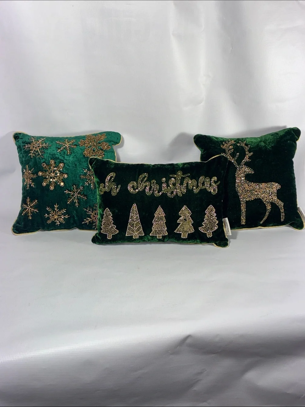 Holiday Velvet Green Decorative Throw Pillow Set with Gold Embellishments